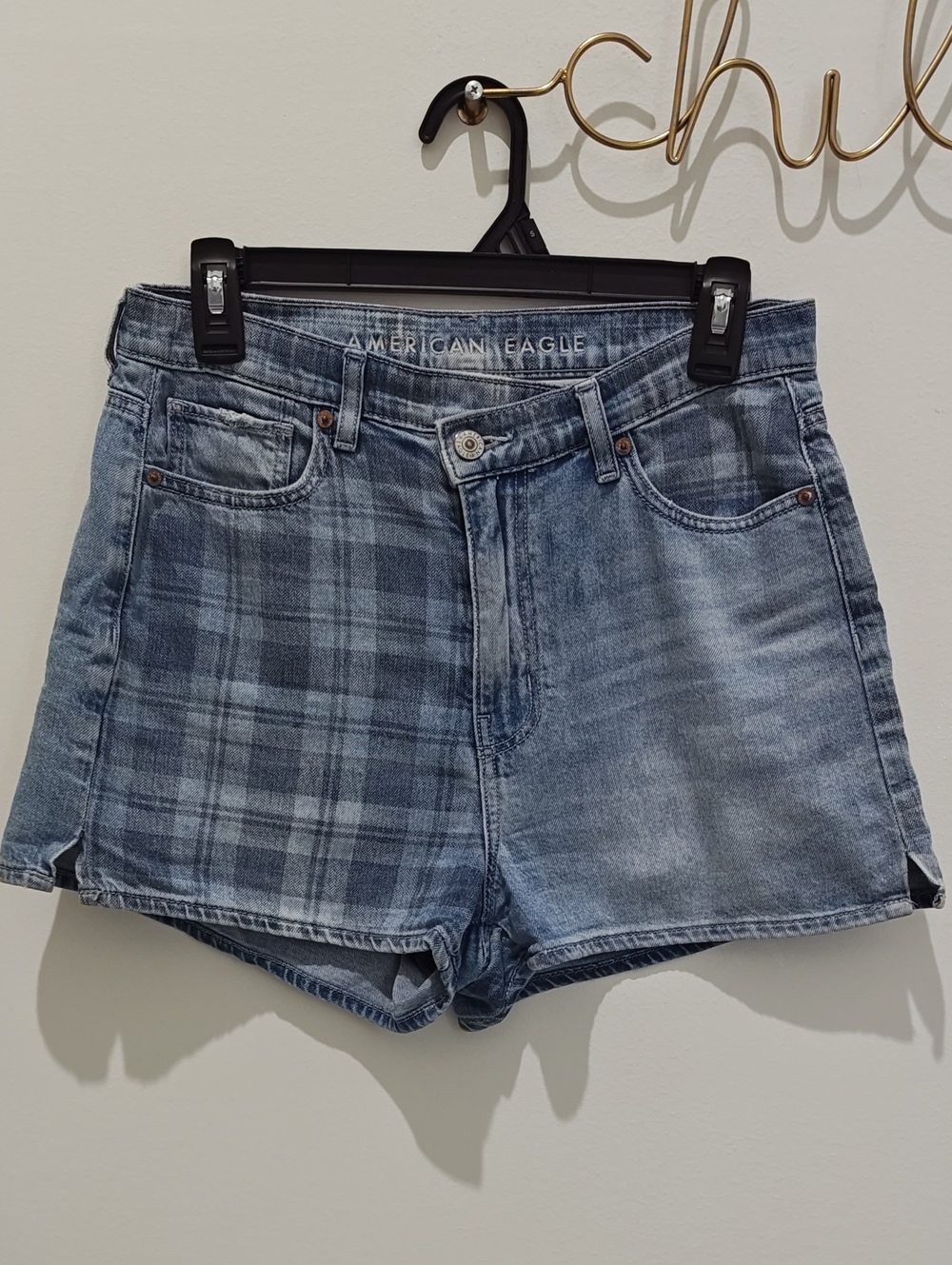 American Eagle Outfitters Blue Plaid-Panel Denim Shorts Size 4
